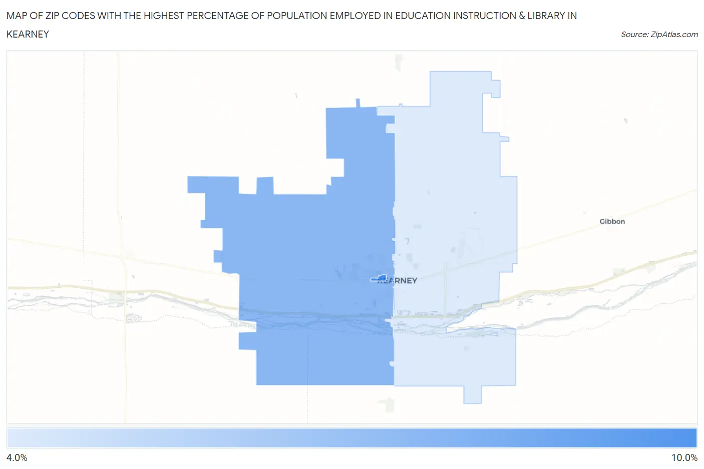 Zip Codes with the Highest Percentage of Population Employed in Education Instruction & Library in Kearney Map