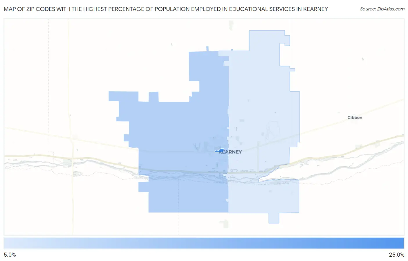 Zip Codes with the Highest Percentage of Population Employed in Educational Services in Kearney Map