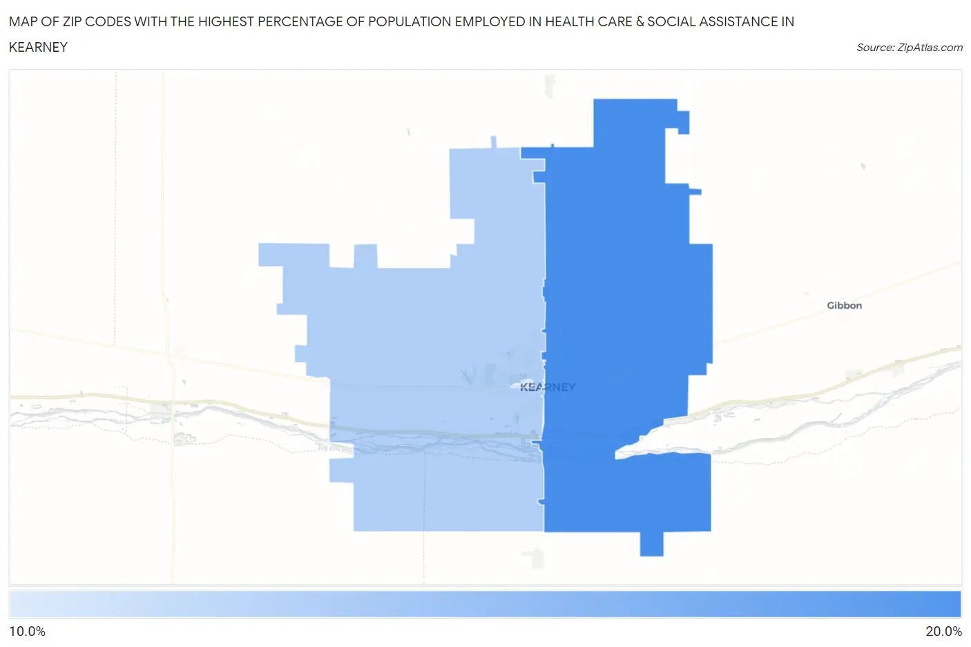 Zip Codes with the Highest Percentage of Population Employed in Health Care & Social Assistance in Kearney Map