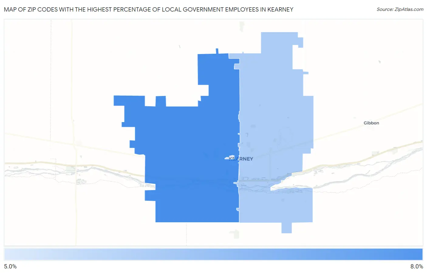 Zip Codes with the Highest Percentage of Local Government Employees in Kearney Map