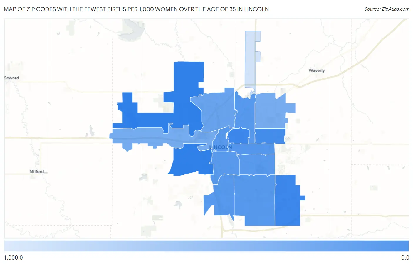 Zip Codes with the Fewest Births per 1,000 Women Over the Age of 35 in Lincoln Map