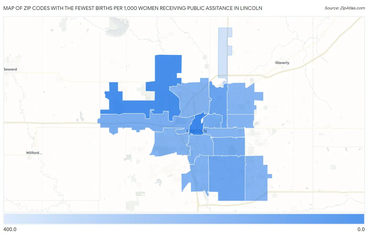 Zip Codes with the Fewest Births per 1,000 Women Receiving Public Assitance in Lincoln Map