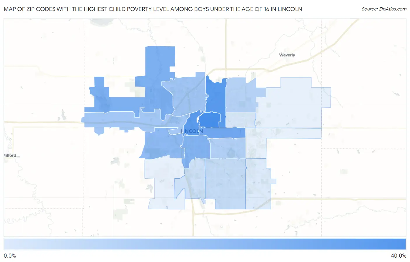 Zip Codes with the Highest Child Poverty Level Among Boys Under the Age of 16 in Lincoln Map