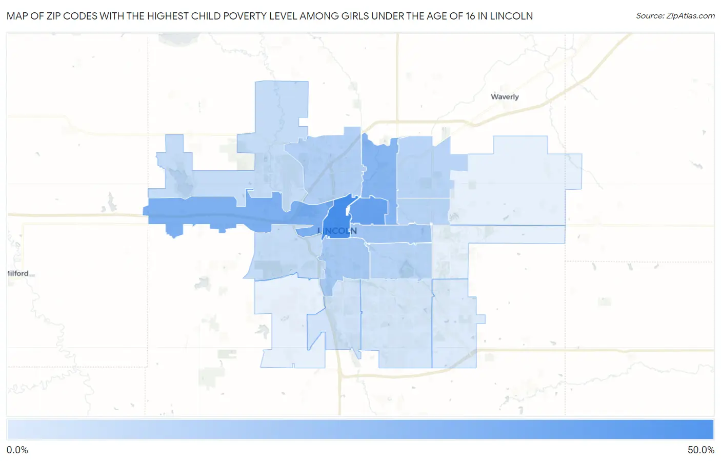 Zip Codes with the Highest Child Poverty Level Among Girls Under the Age of 16 in Lincoln Map