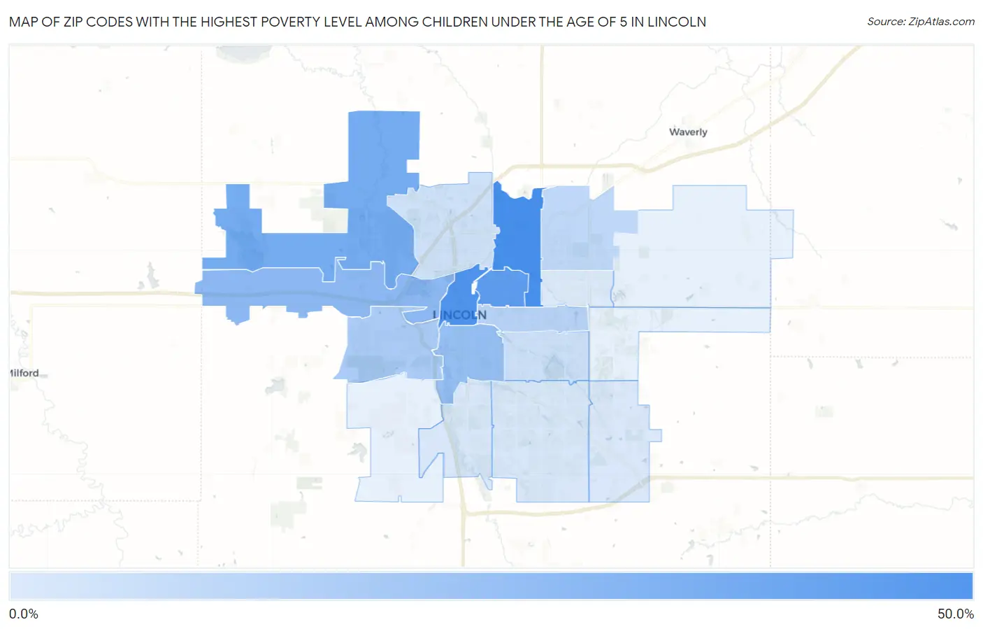 Zip Codes with the Highest Poverty Level Among Children Under the Age of 5 in Lincoln Map