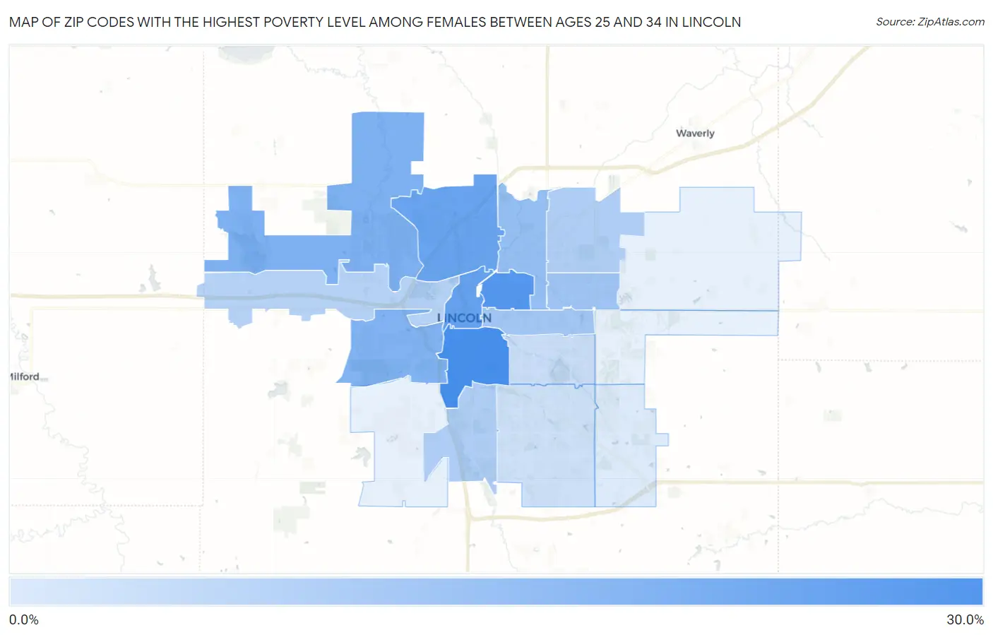 Zip Codes with the Highest Poverty Level Among Females Between Ages 25 and 34 in Lincoln Map