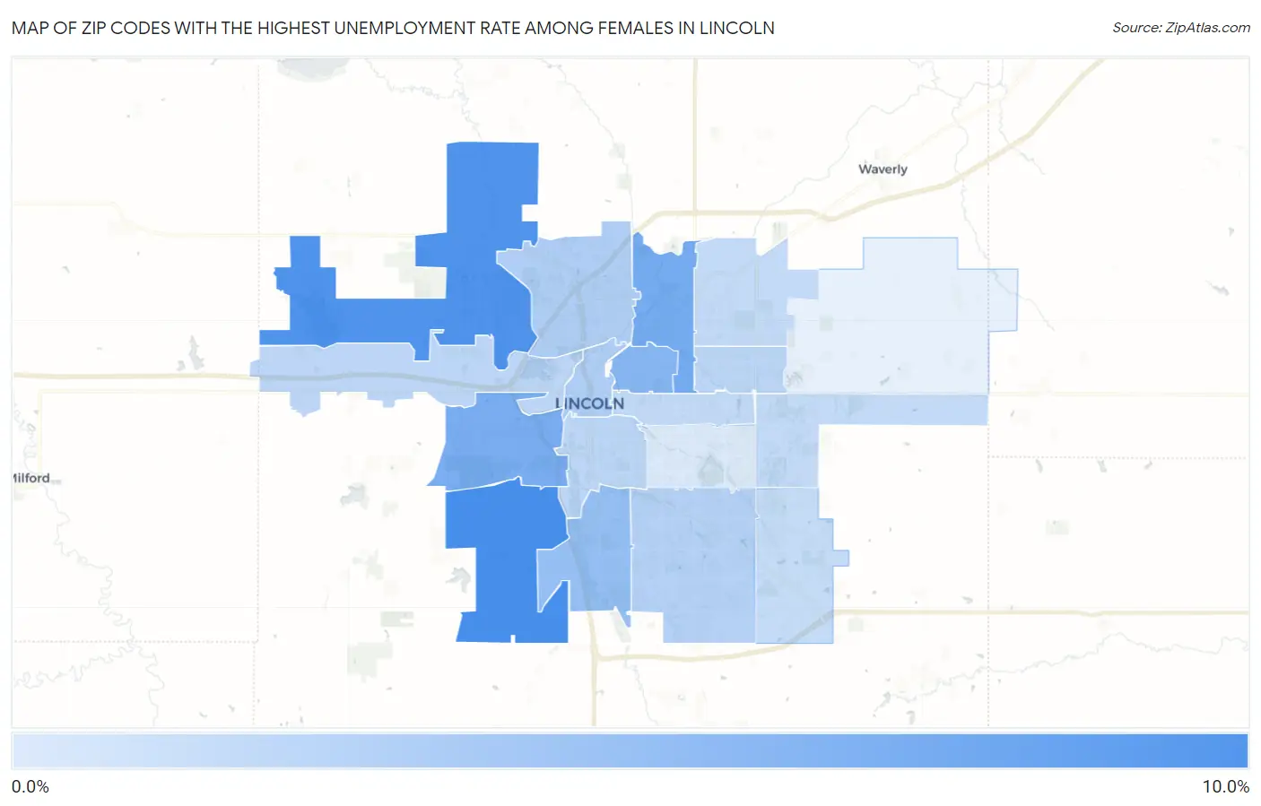 Zip Codes with the Highest Unemployment Rate Among Females in Lincoln Map