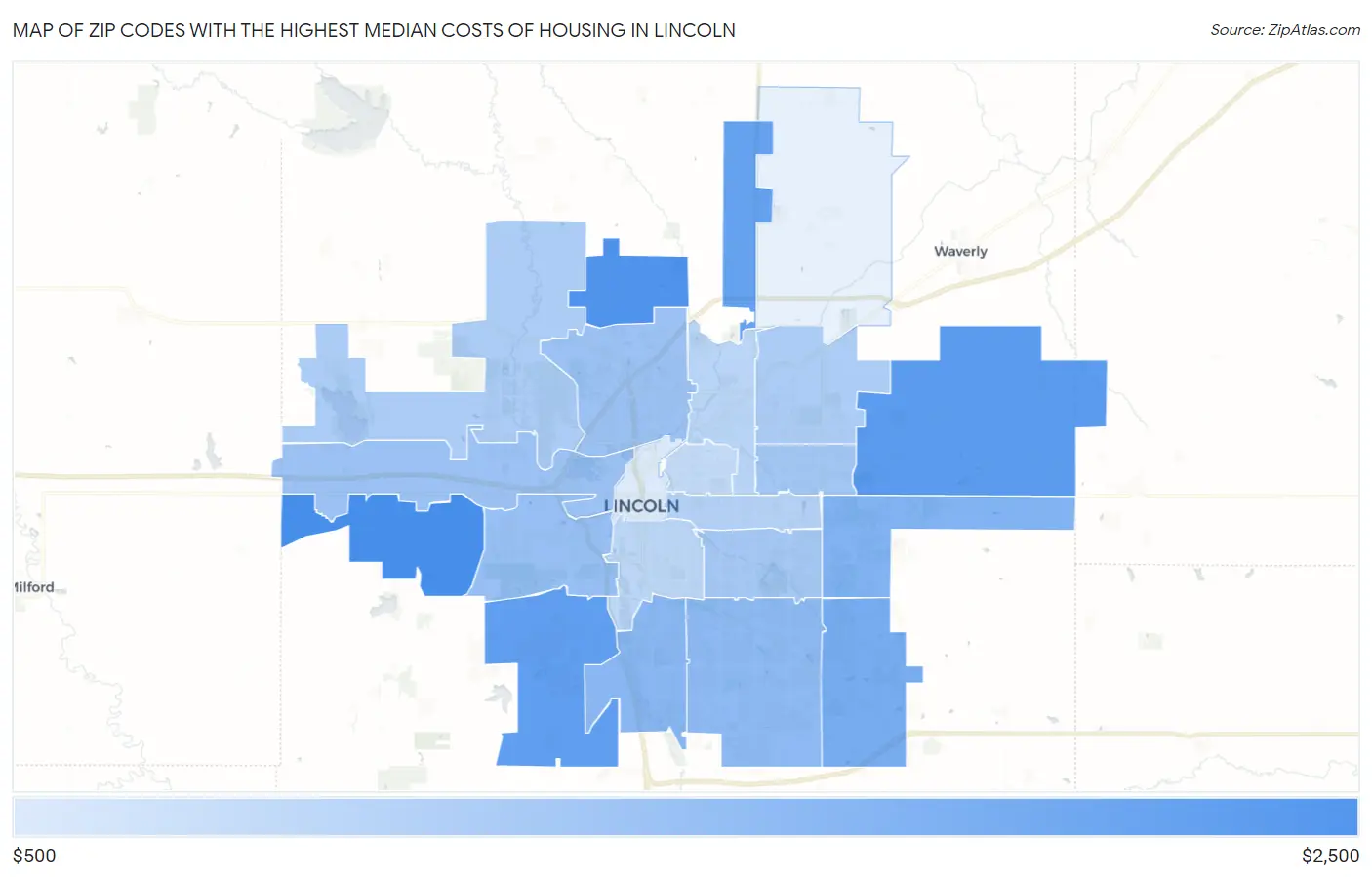 Zip Codes with the Highest Median Costs of Housing in Lincoln Map