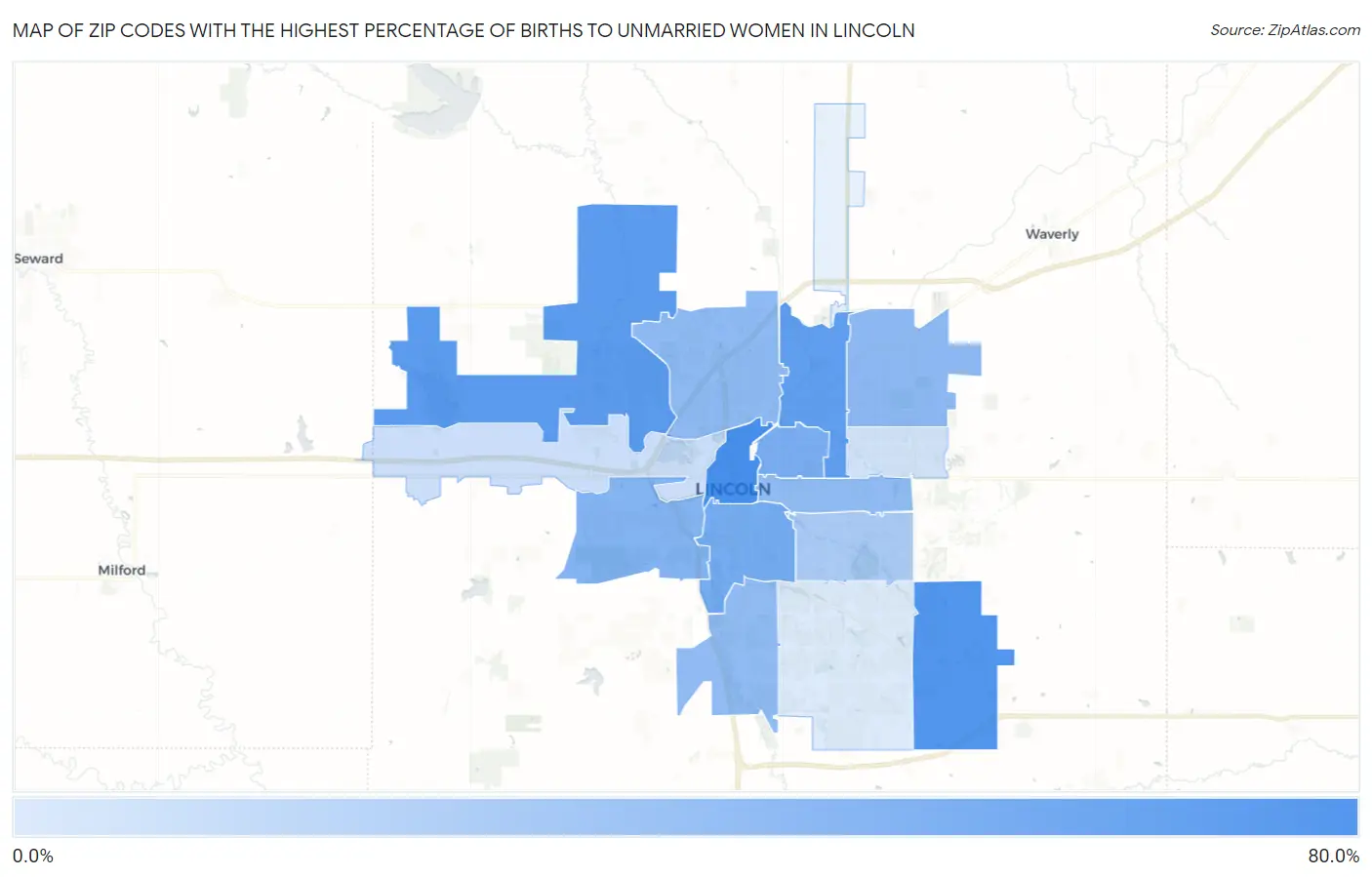 Zip Codes with the Highest Percentage of Births to Unmarried Women in Lincoln Map