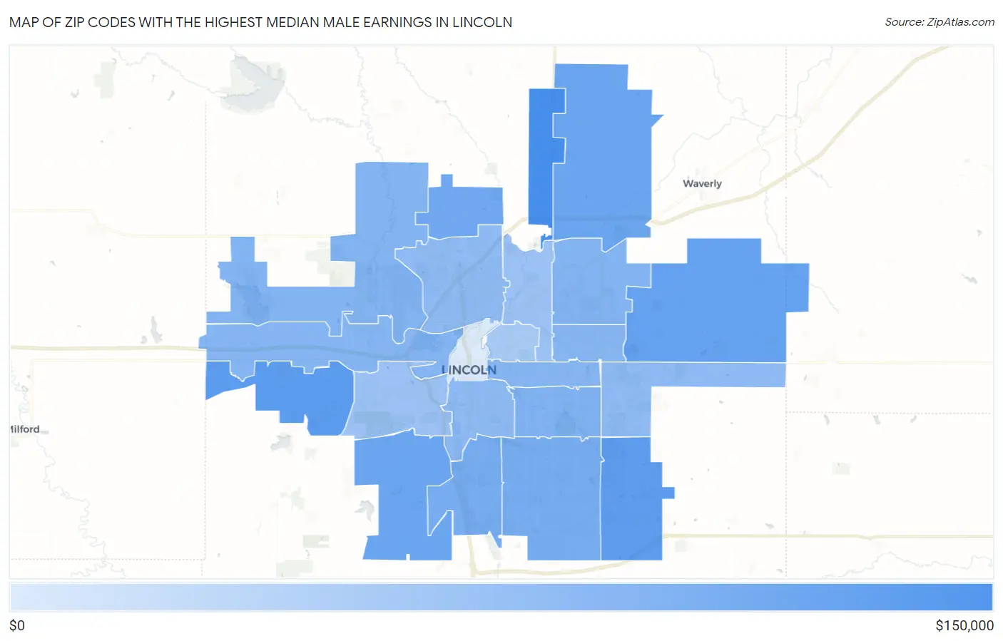 Zip Codes with the Highest Median Male Earnings in Lincoln Map