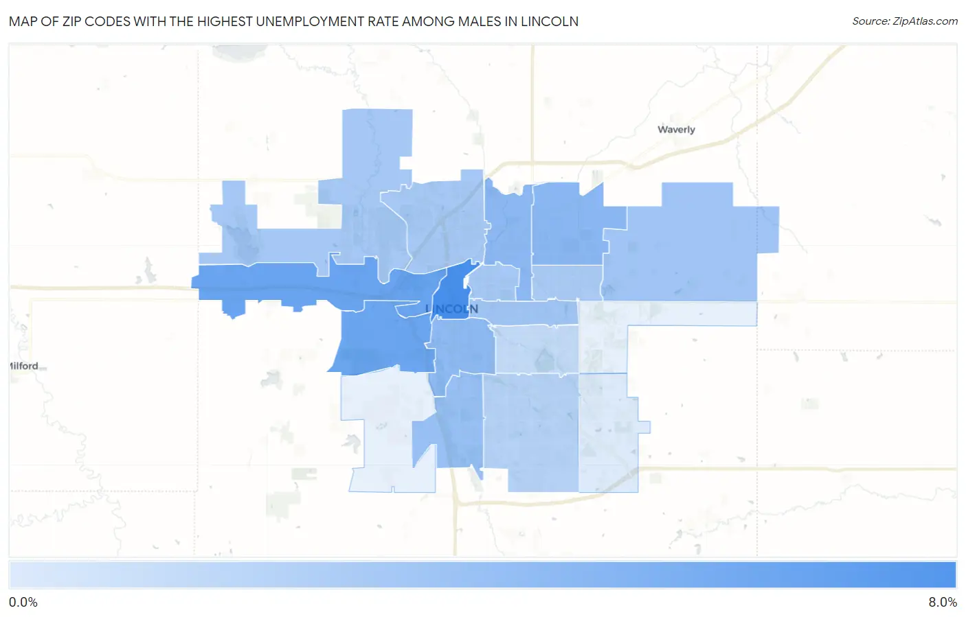 Zip Codes with the Highest Unemployment Rate Among Males in Lincoln Map