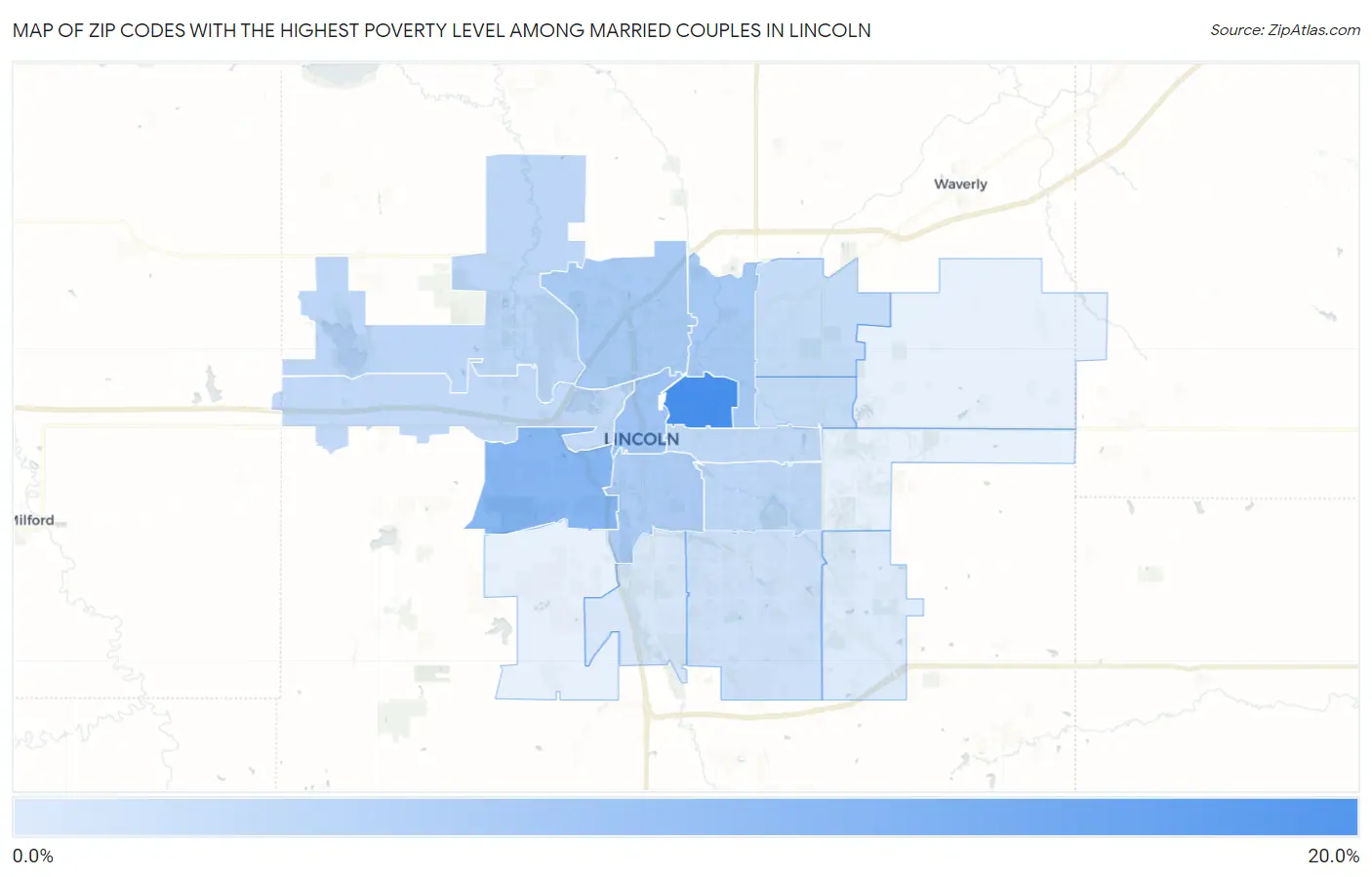 Zip Codes with the Highest Poverty Level Among Married Couples in Lincoln Map