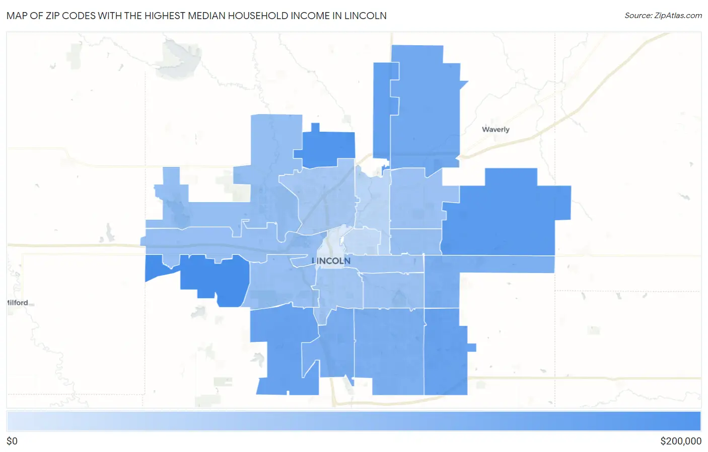 Zip Codes with the Highest Median Household Income in Lincoln Map