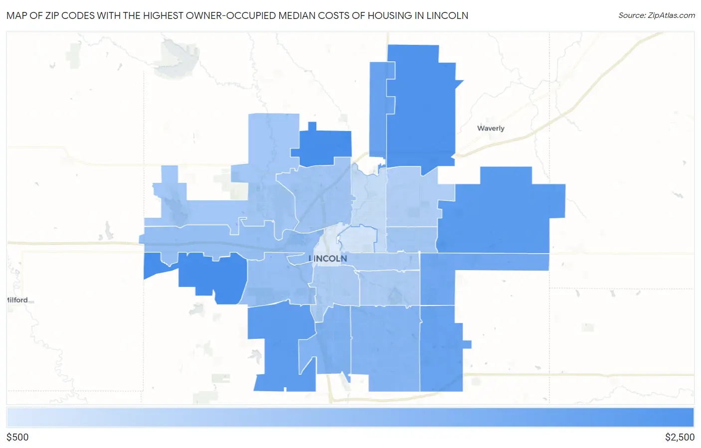 Zip Codes with the Highest Owner-Occupied Median Costs of Housing in Lincoln Map
