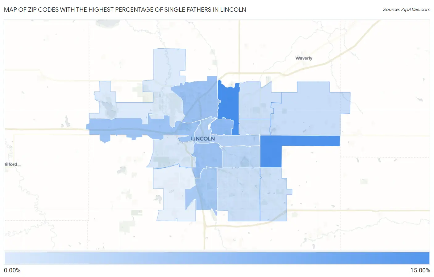 Zip Codes with the Highest Percentage of Single Fathers in Lincoln Map