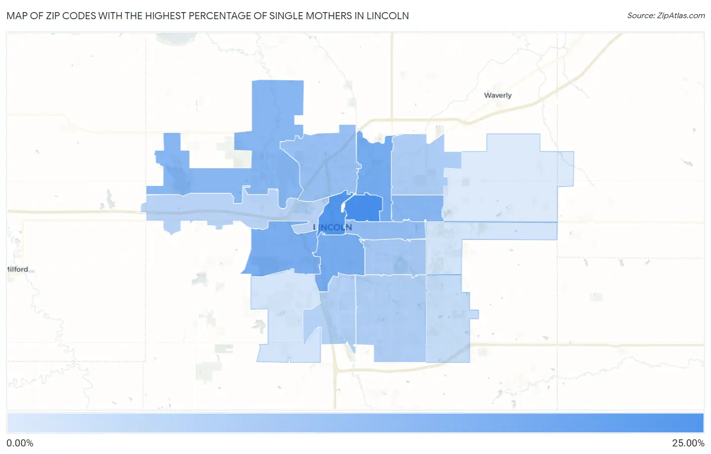 Zip Codes with the Highest Percentage of Single Mothers in Lincoln Map