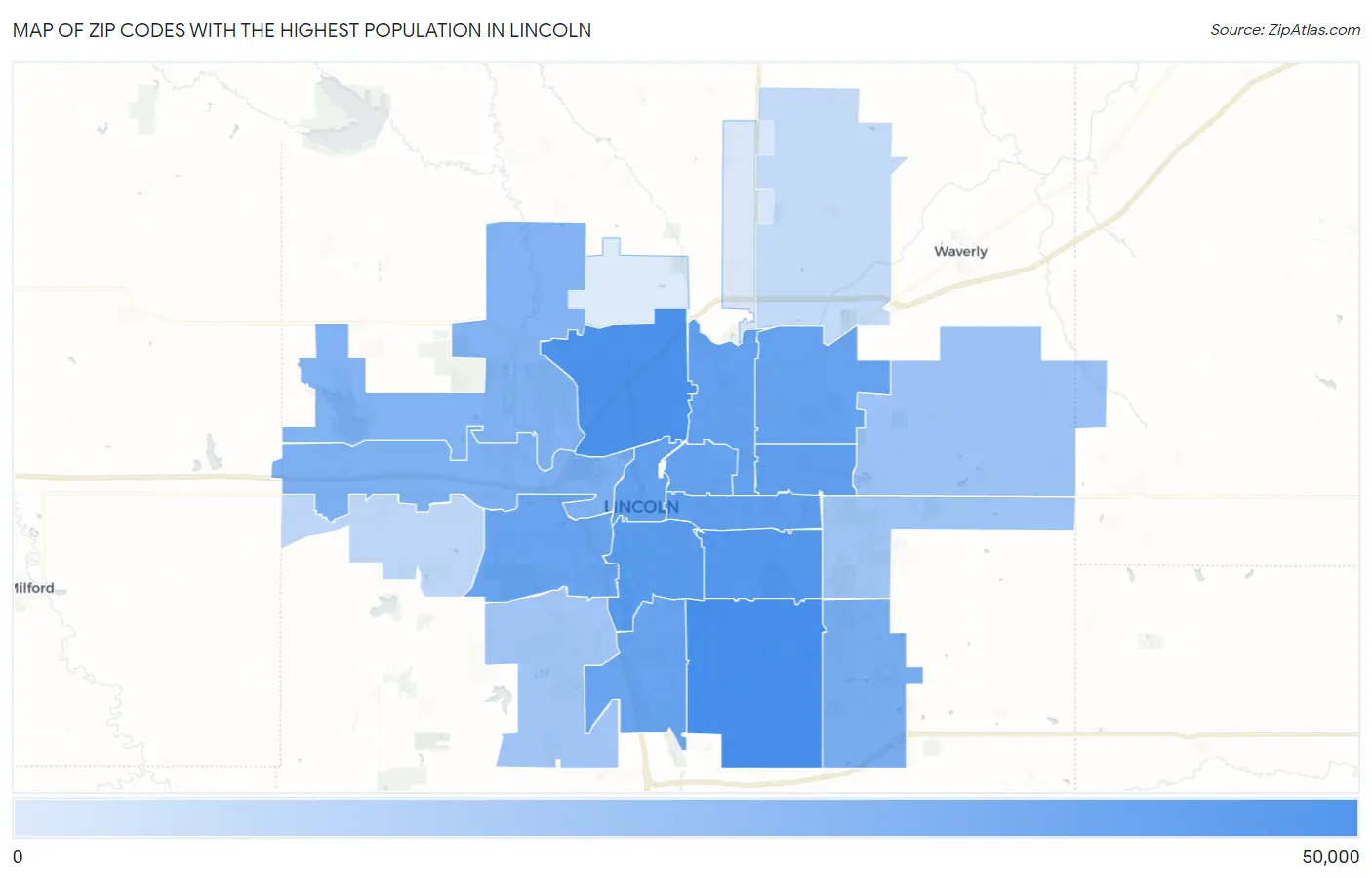Zip Codes with the Highest Population in Lincoln Map