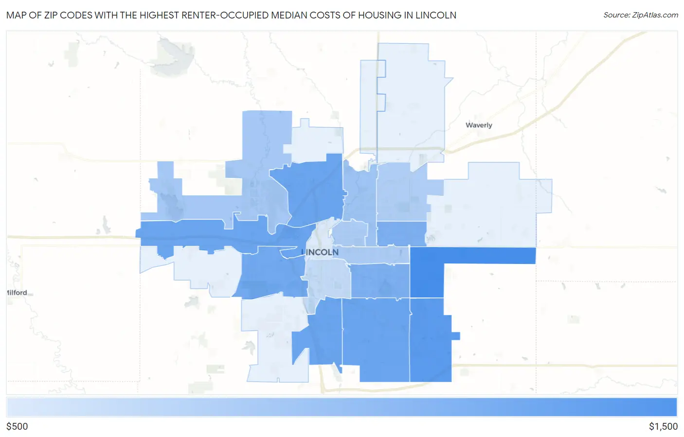 Zip Codes with the Highest Renter-Occupied Median Costs of Housing in Lincoln Map