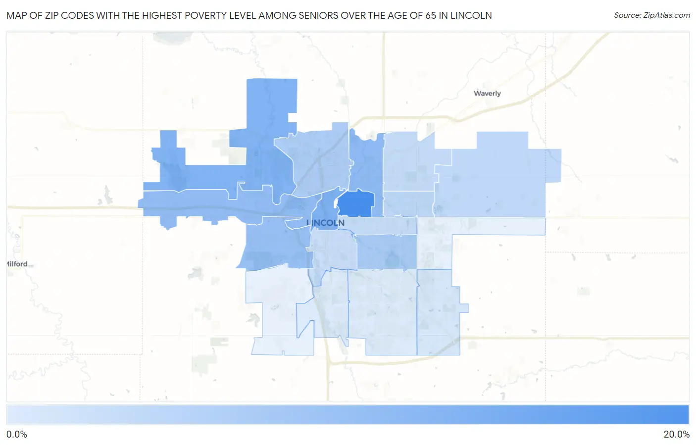 Zip Codes with the Highest Poverty Level Among Seniors Over the Age of 65 in Lincoln Map
