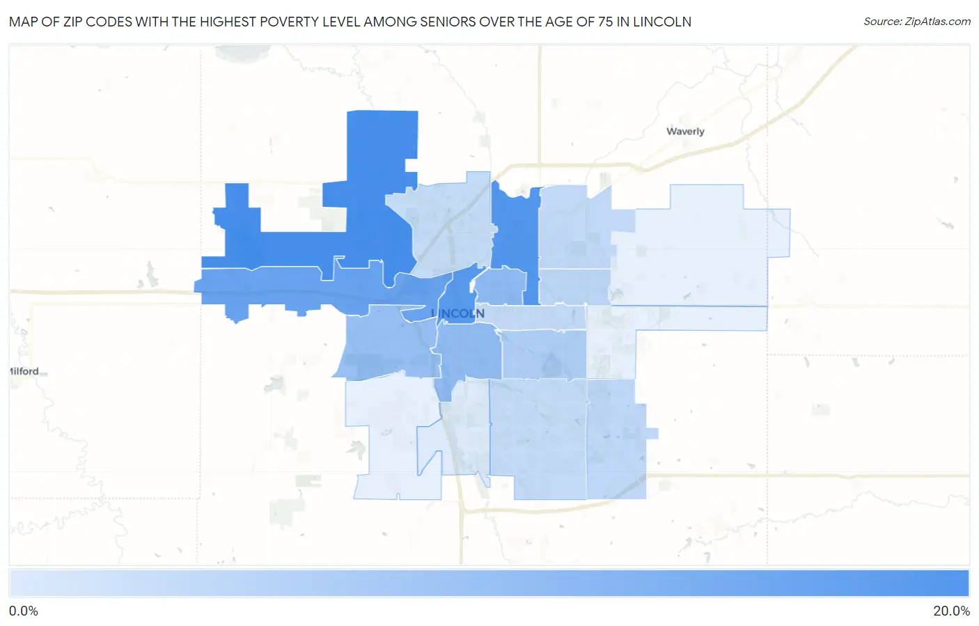 Zip Codes with the Highest Poverty Level Among Seniors Over the Age of 75 in Lincoln Map