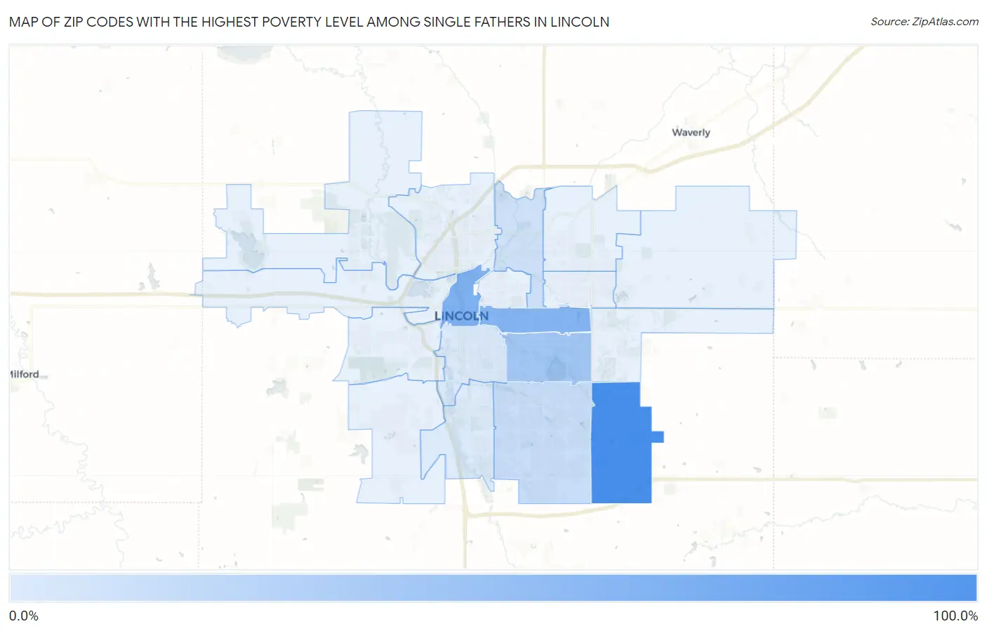 Zip Codes with the Highest Poverty Level Among Single Fathers in Lincoln Map