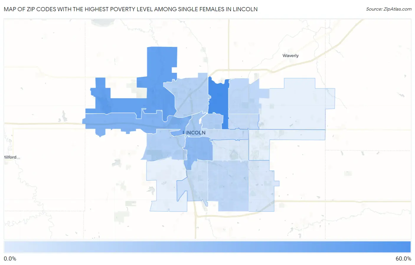 Zip Codes with the Highest Poverty Level Among Single Females in Lincoln Map