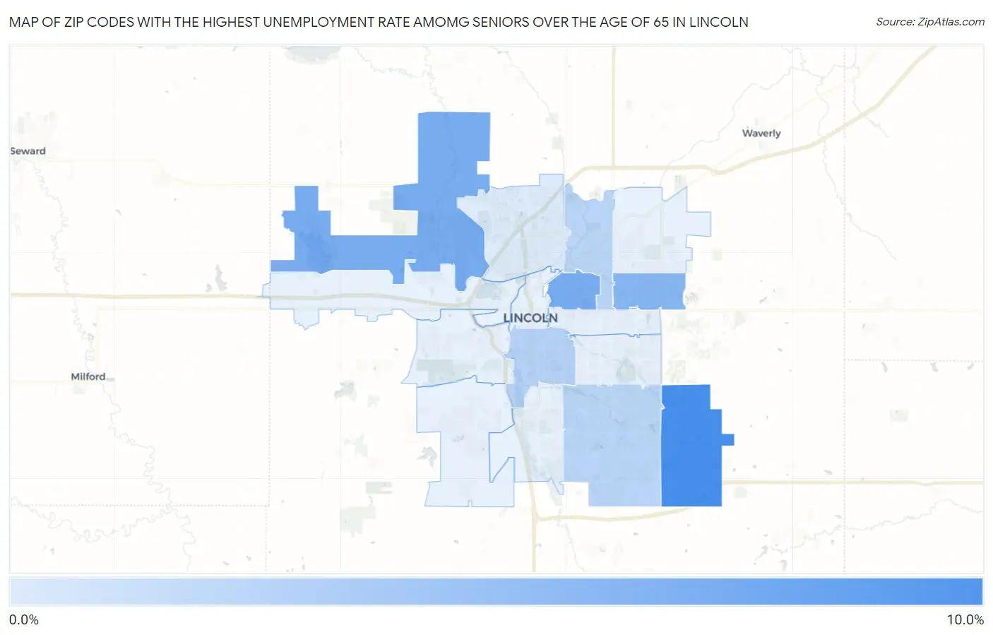 Zip Codes with the Highest Unemployment Rate Amomg Seniors Over the Age of 65 in Lincoln Map