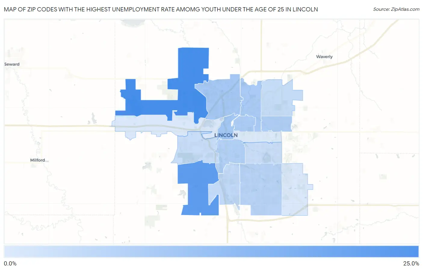 Zip Codes with the Highest Unemployment Rate Amomg Youth Under the Age of 25 in Lincoln Map