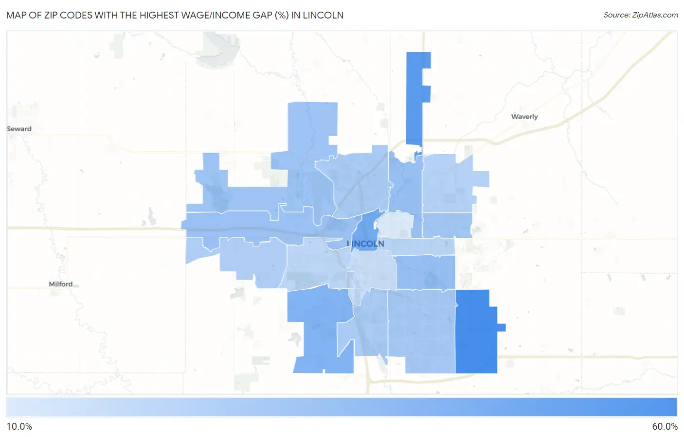 Zip Codes with the Highest Wage/Income Gap (%) in Lincoln Map