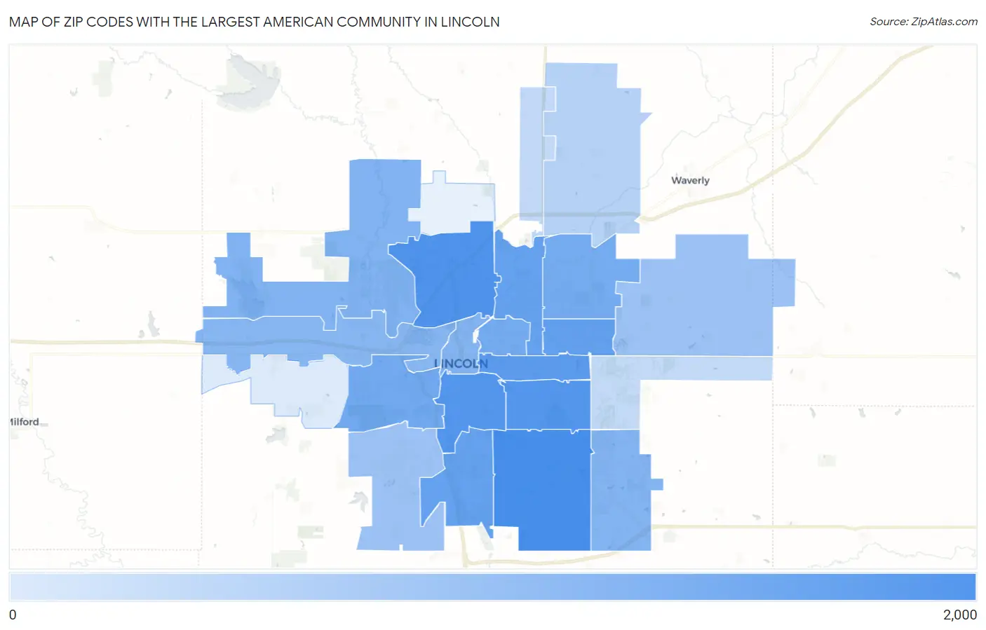 Zip Codes with the Largest American Community in Lincoln Map