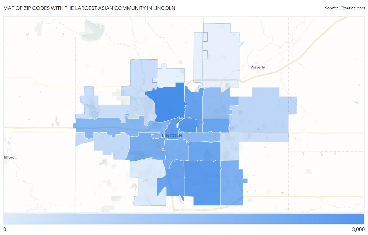 Zip Codes with the Largest Asian Community in Lincoln Map
