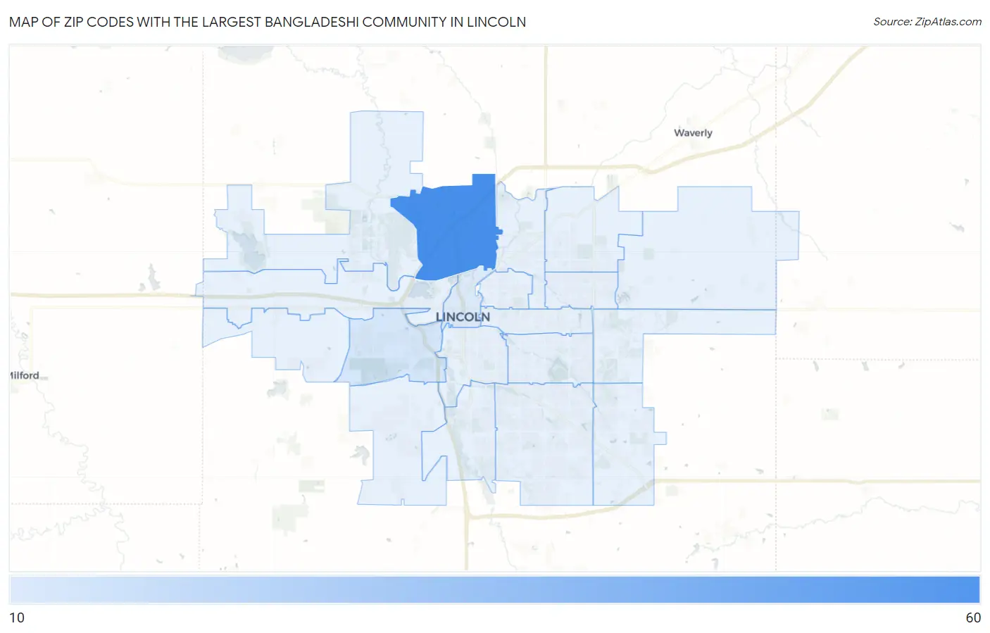 Zip Codes with the Largest Bangladeshi Community in Lincoln Map