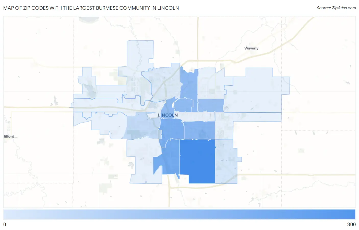 Zip Codes with the Largest Burmese Community in Lincoln Map