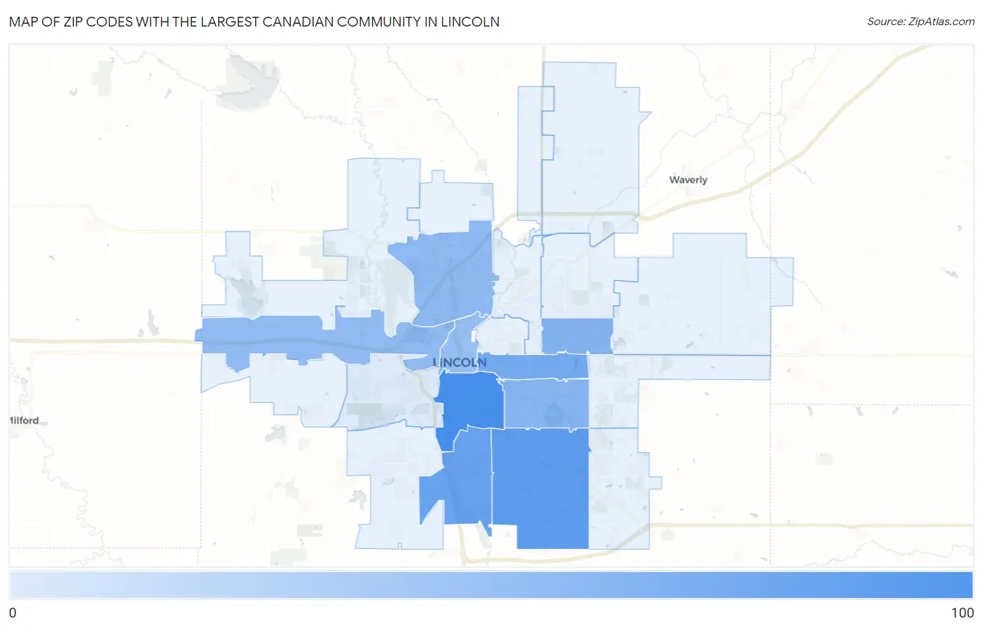 Zip Codes with the Largest Canadian Community in Lincoln Map