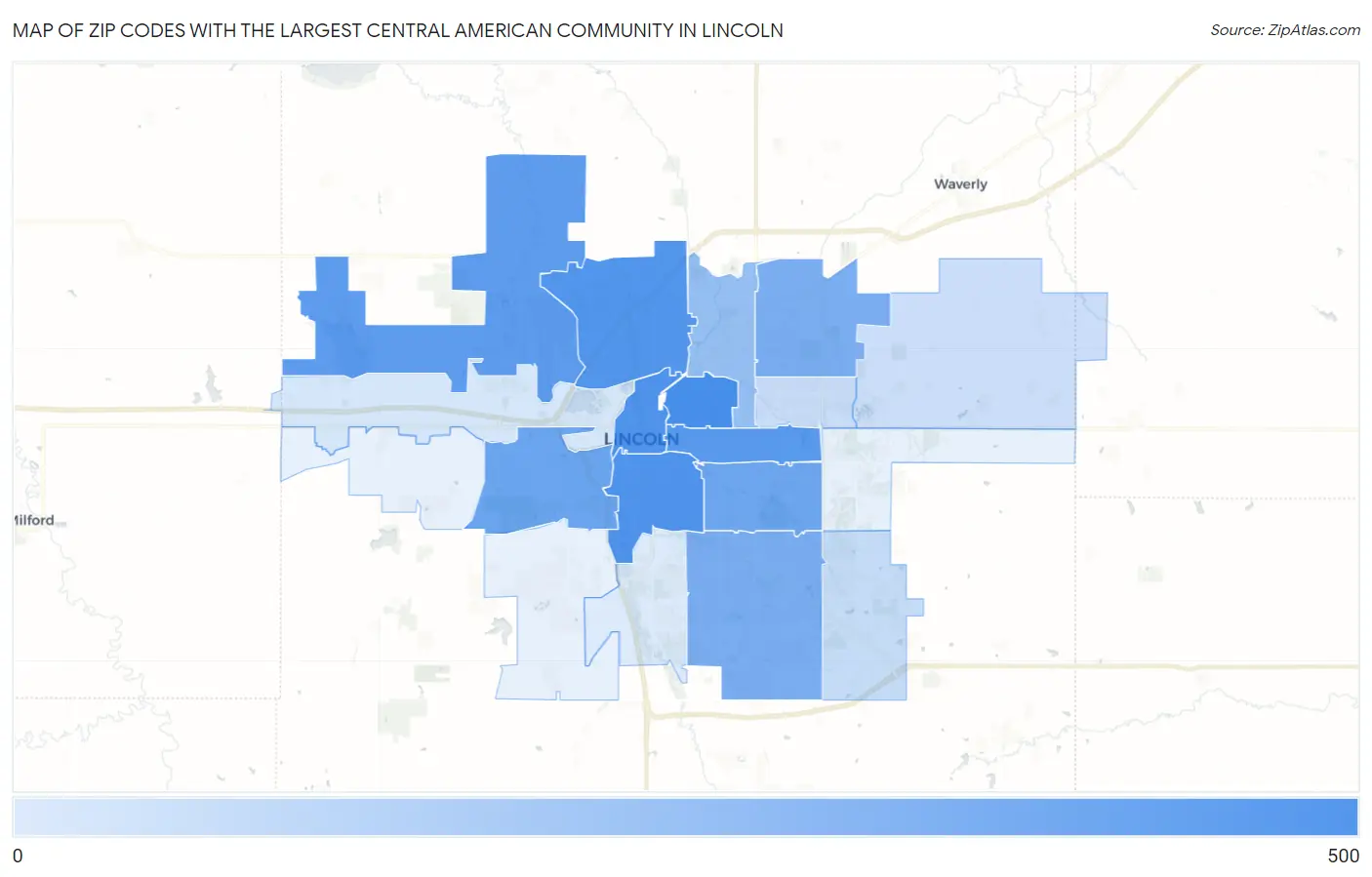 Zip Codes with the Largest Central American Community in Lincoln Map