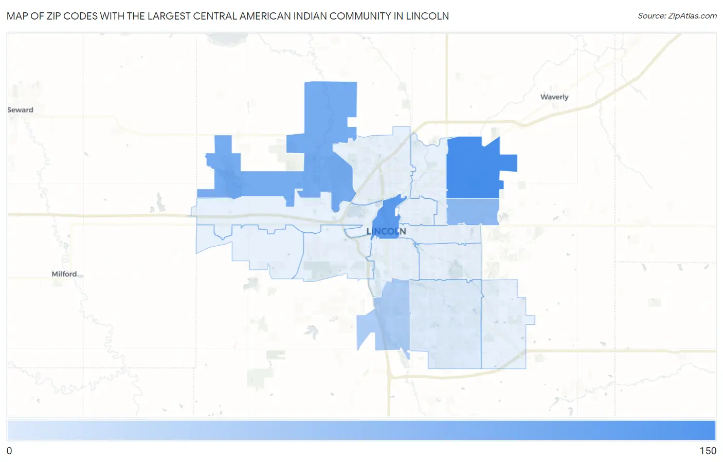 Zip Codes with the Largest Central American Indian Community in Lincoln Map