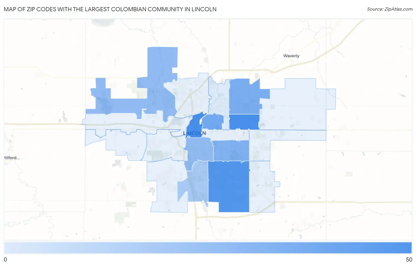 Zip Codes with the Largest Colombian Community in Lincoln Map