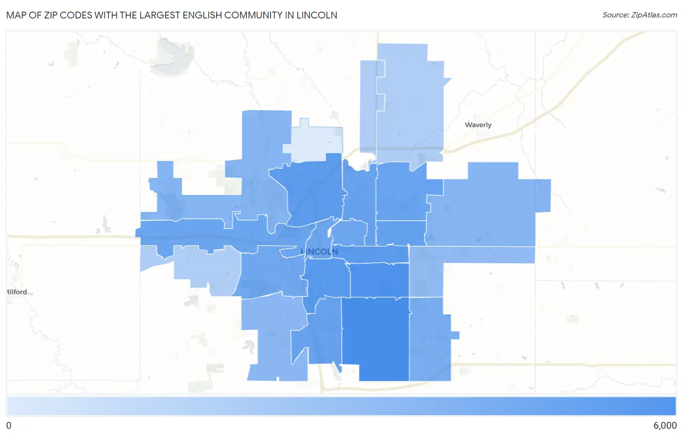 Zip Codes with the Largest English Community in Lincoln Map