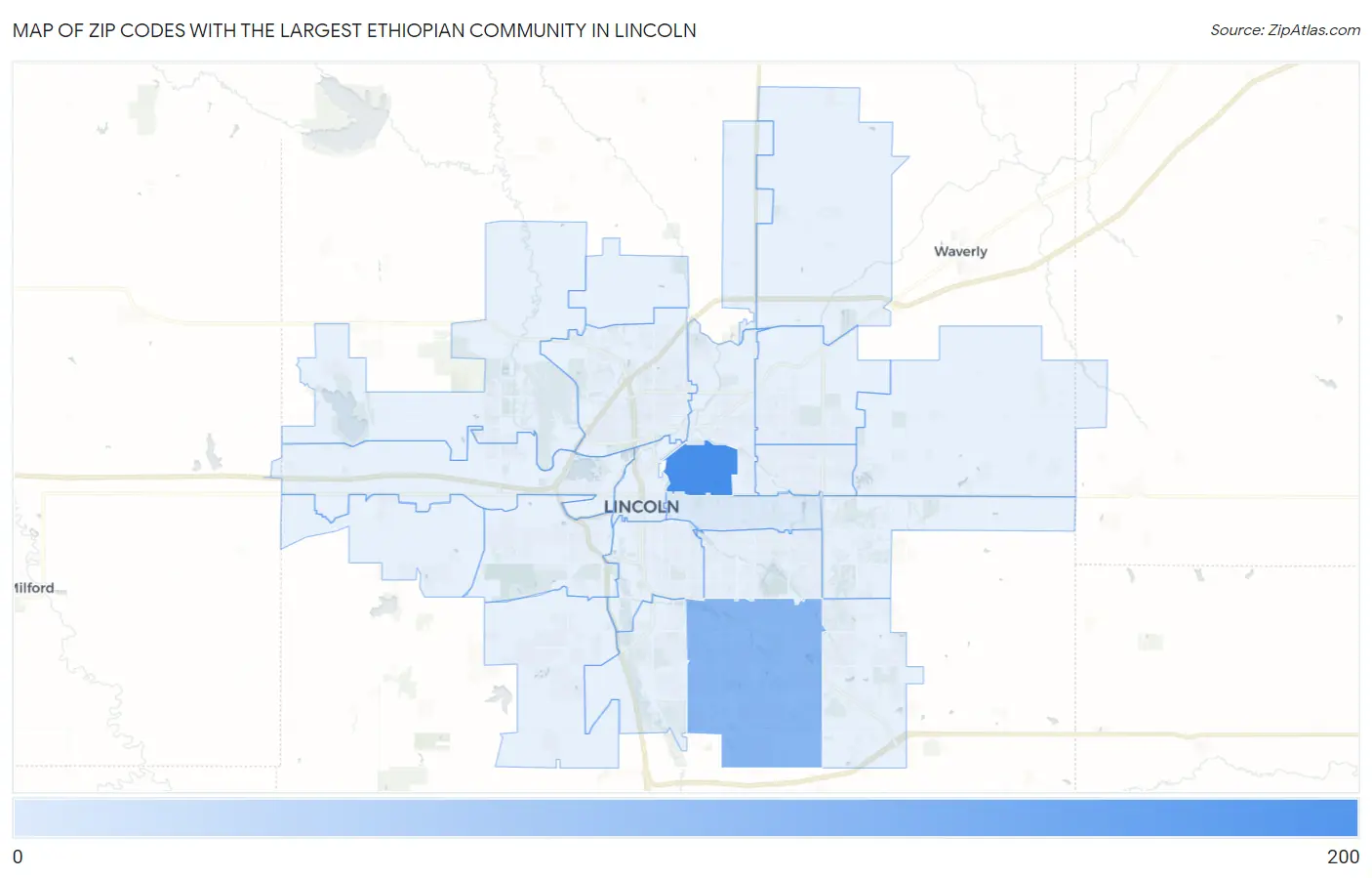 Zip Codes with the Largest Ethiopian Community in Lincoln Map
