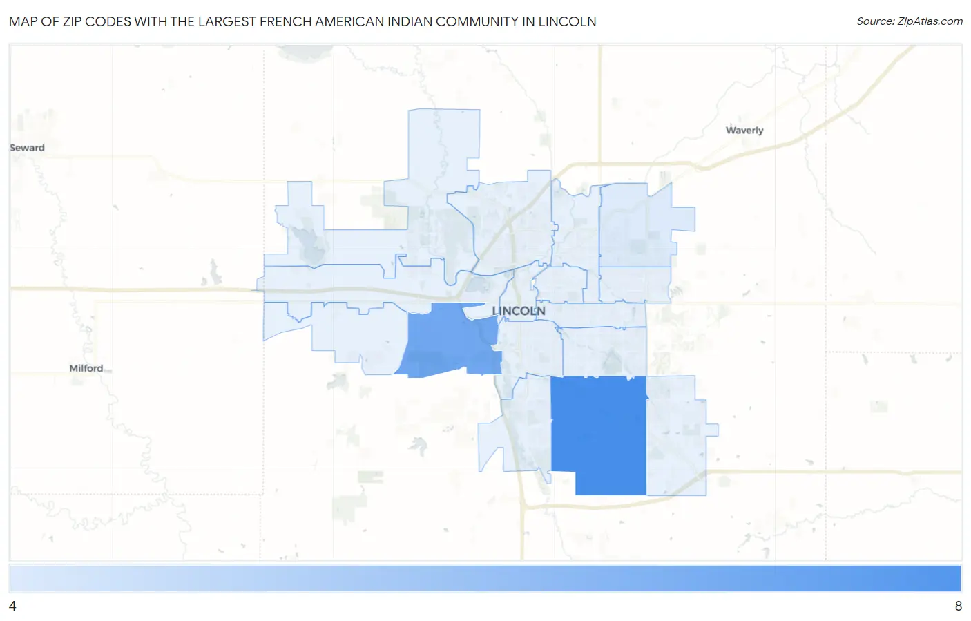 Zip Codes with the Largest French American Indian Community in Lincoln Map