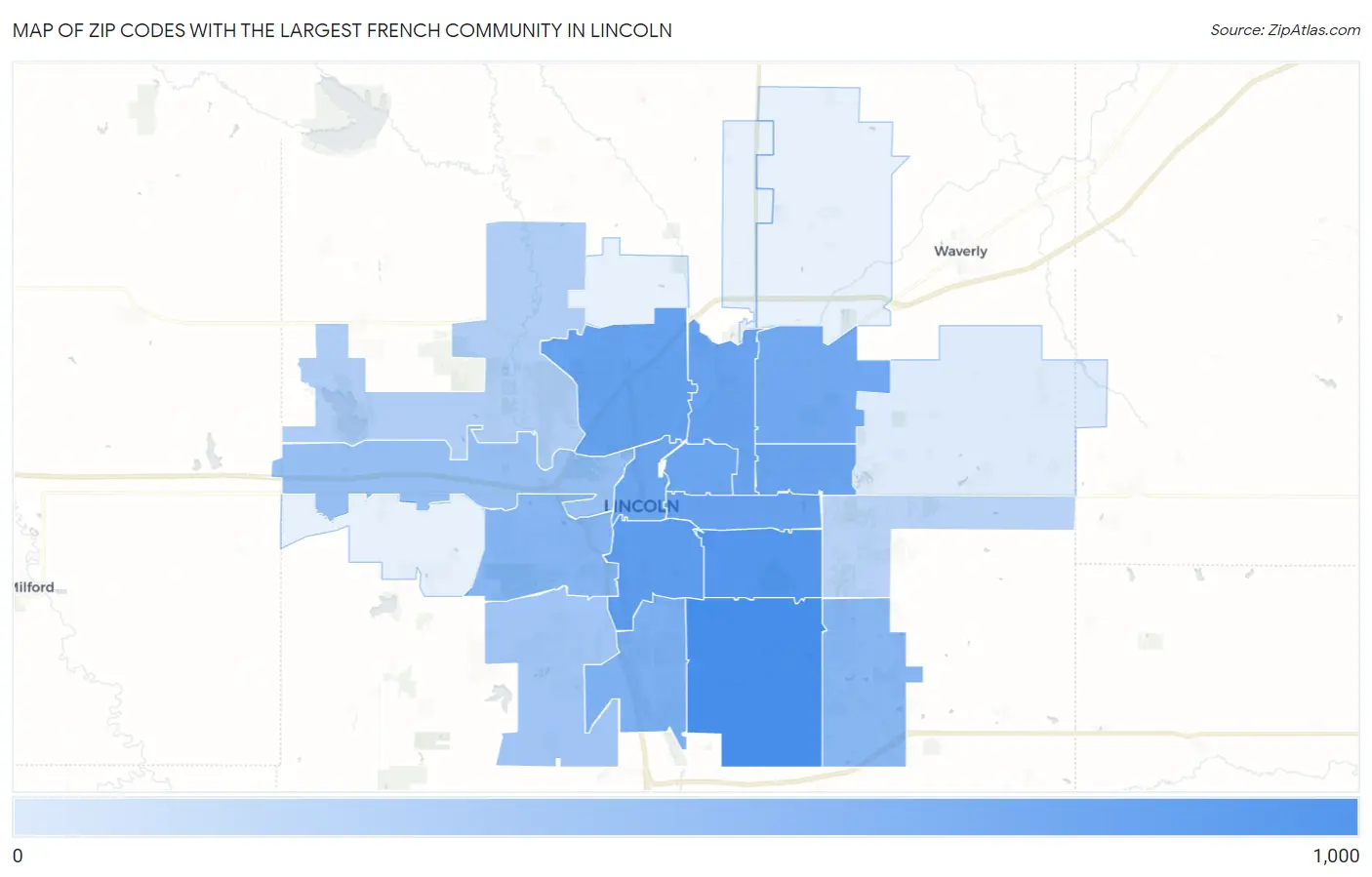 Zip Codes with the Largest French Community in Lincoln Map