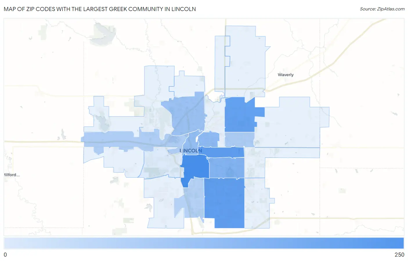 Zip Codes with the Largest Greek Community in Lincoln Map