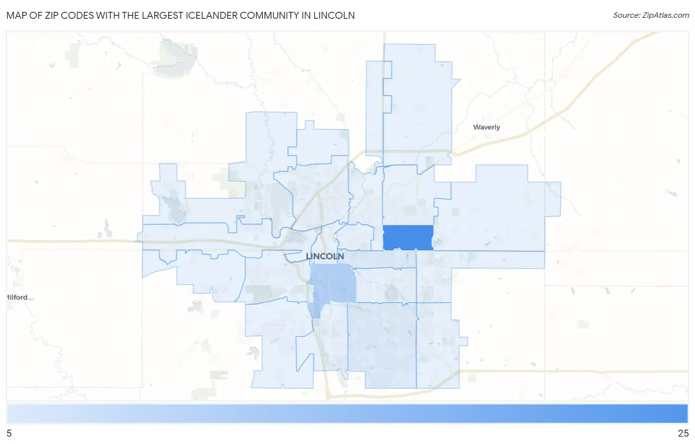 Zip Codes with the Largest Icelander Community in Lincoln Map