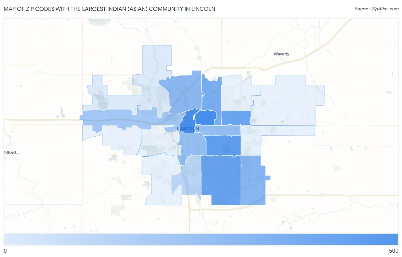 Zip Codes with the Largest Indian (Asian) Community in Lincoln Map