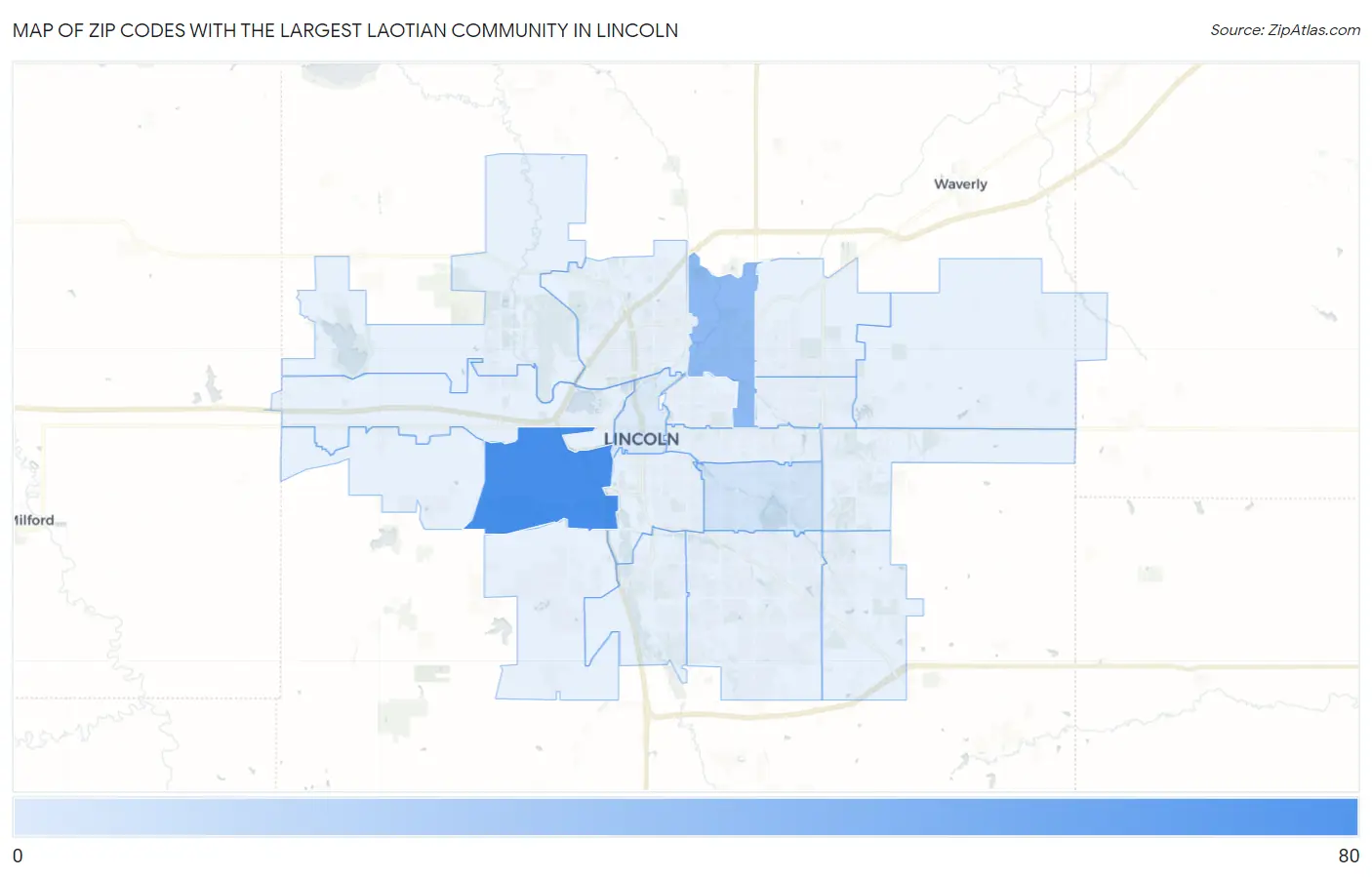 Zip Codes with the Largest Laotian Community in Lincoln Map