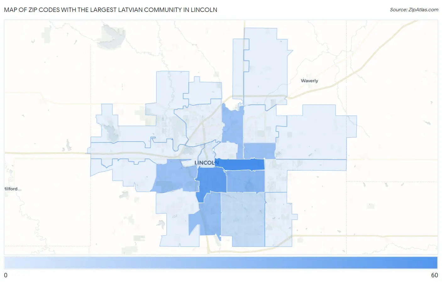 Zip Codes with the Largest Latvian Community in Lincoln Map