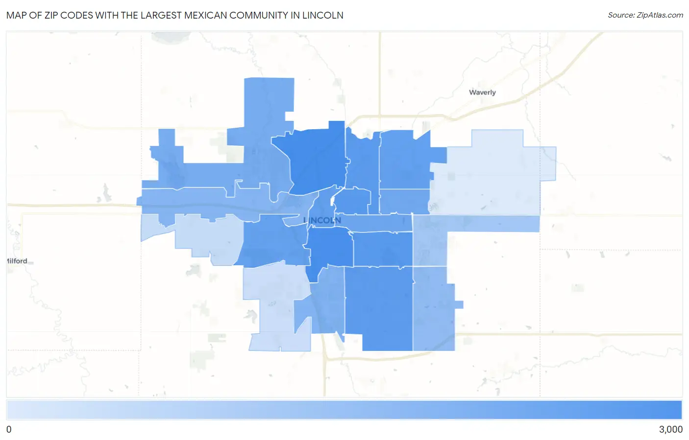 Zip Codes with the Largest Mexican Community in Lincoln Map