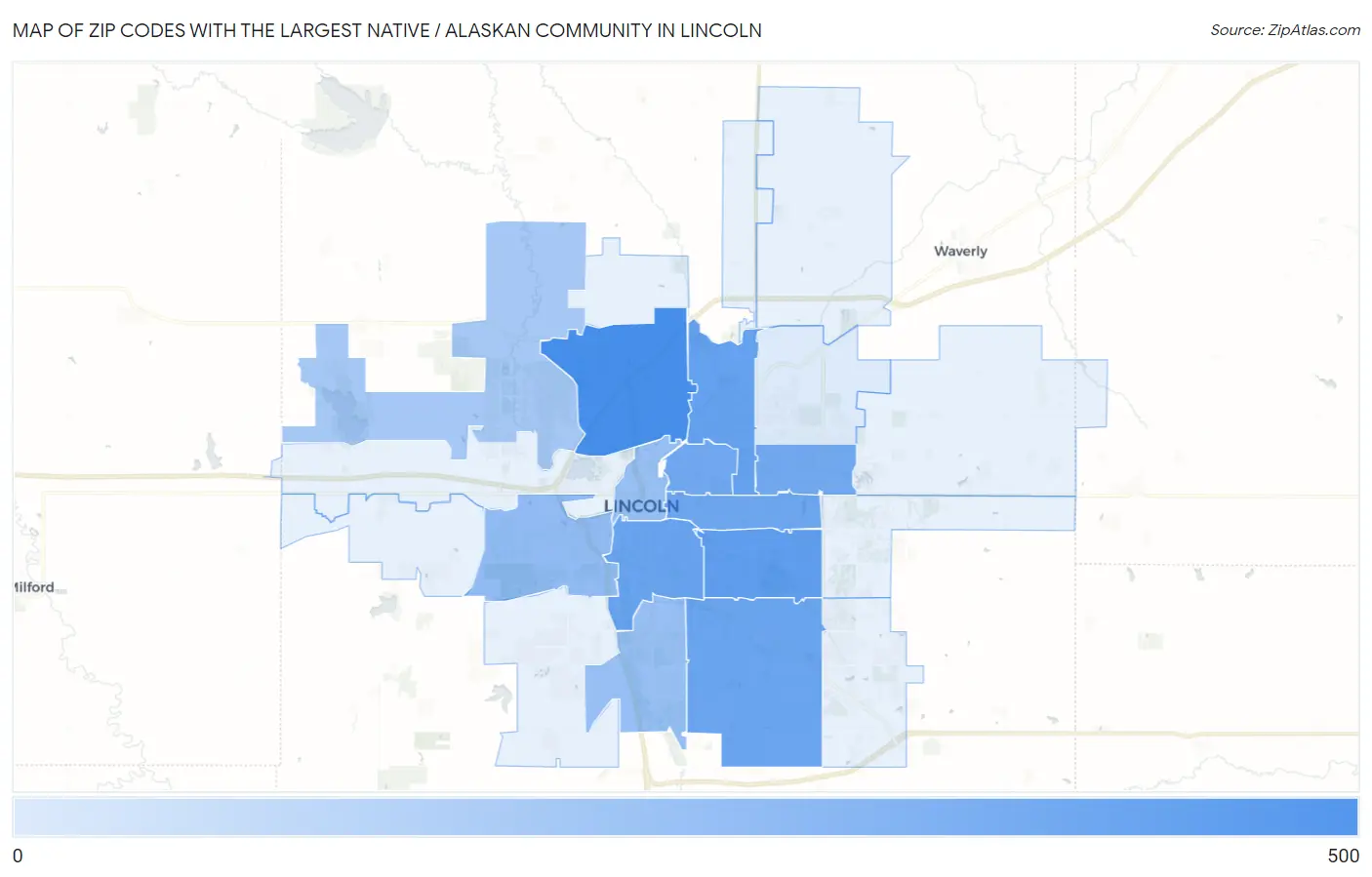 Zip Codes with the Largest Native / Alaskan Community in Lincoln Map