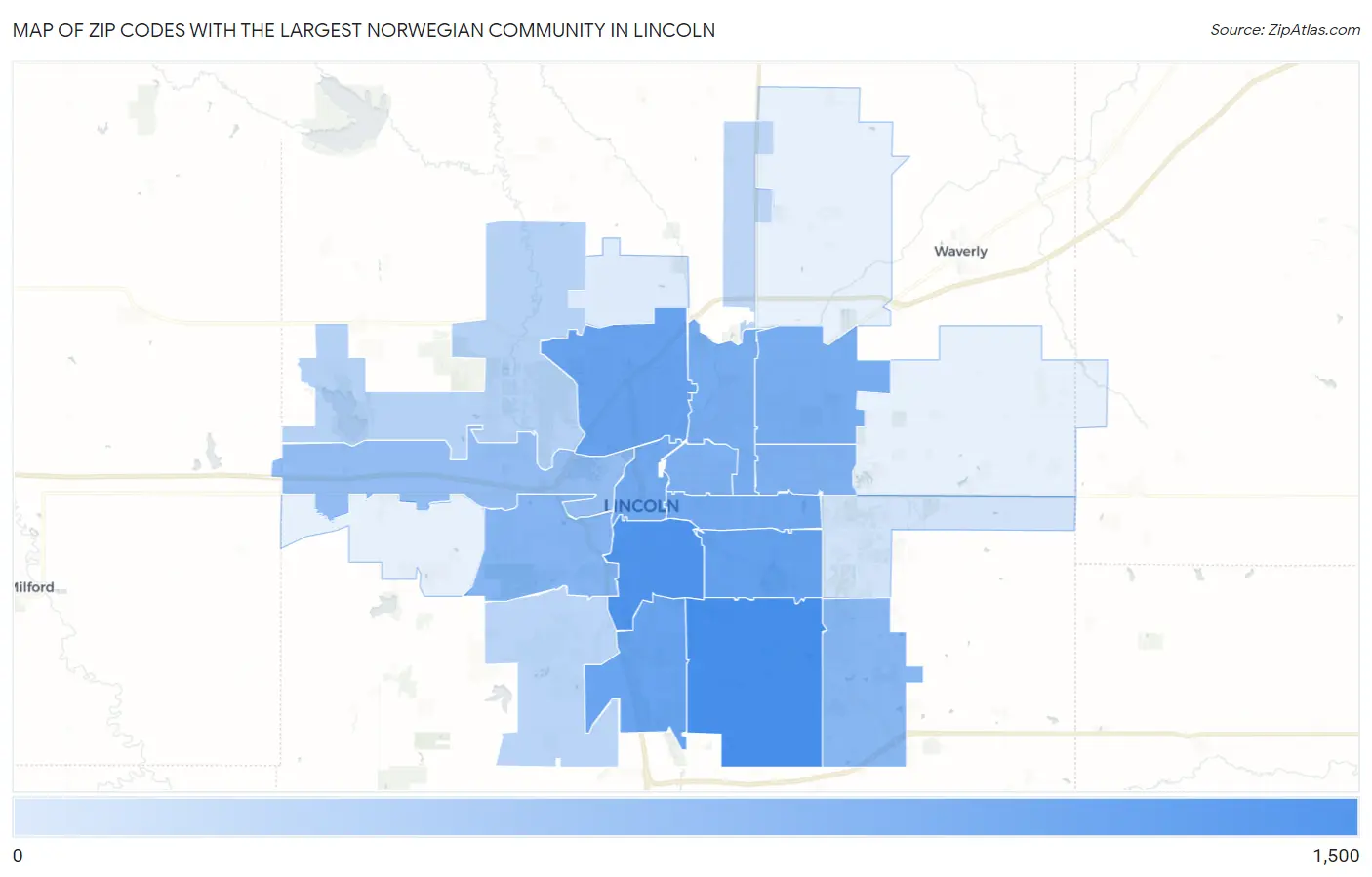 Zip Codes with the Largest Norwegian Community in Lincoln Map