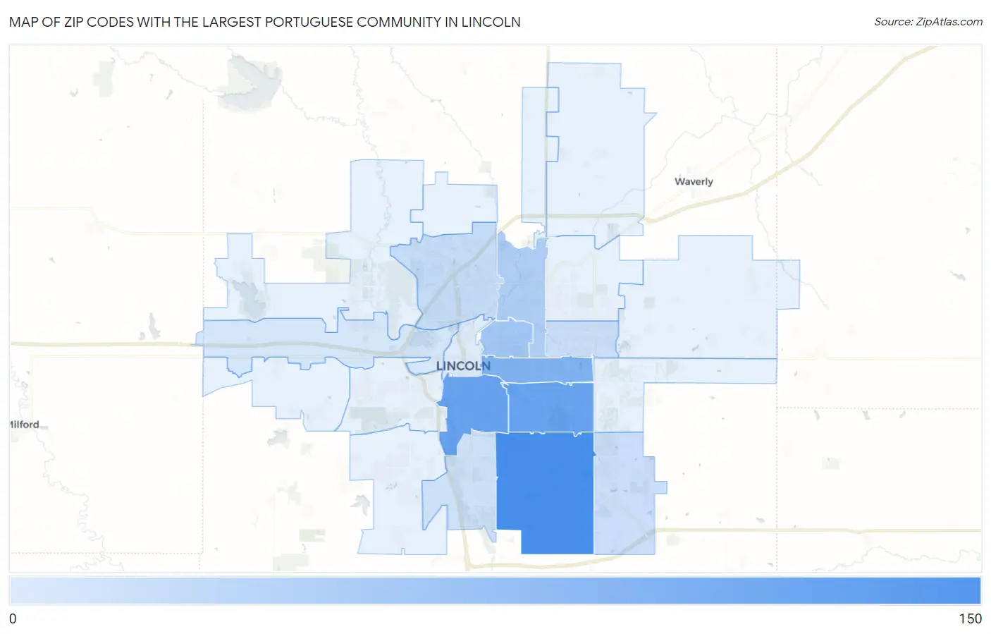Zip Codes with the Largest Portuguese Community in Lincoln Map